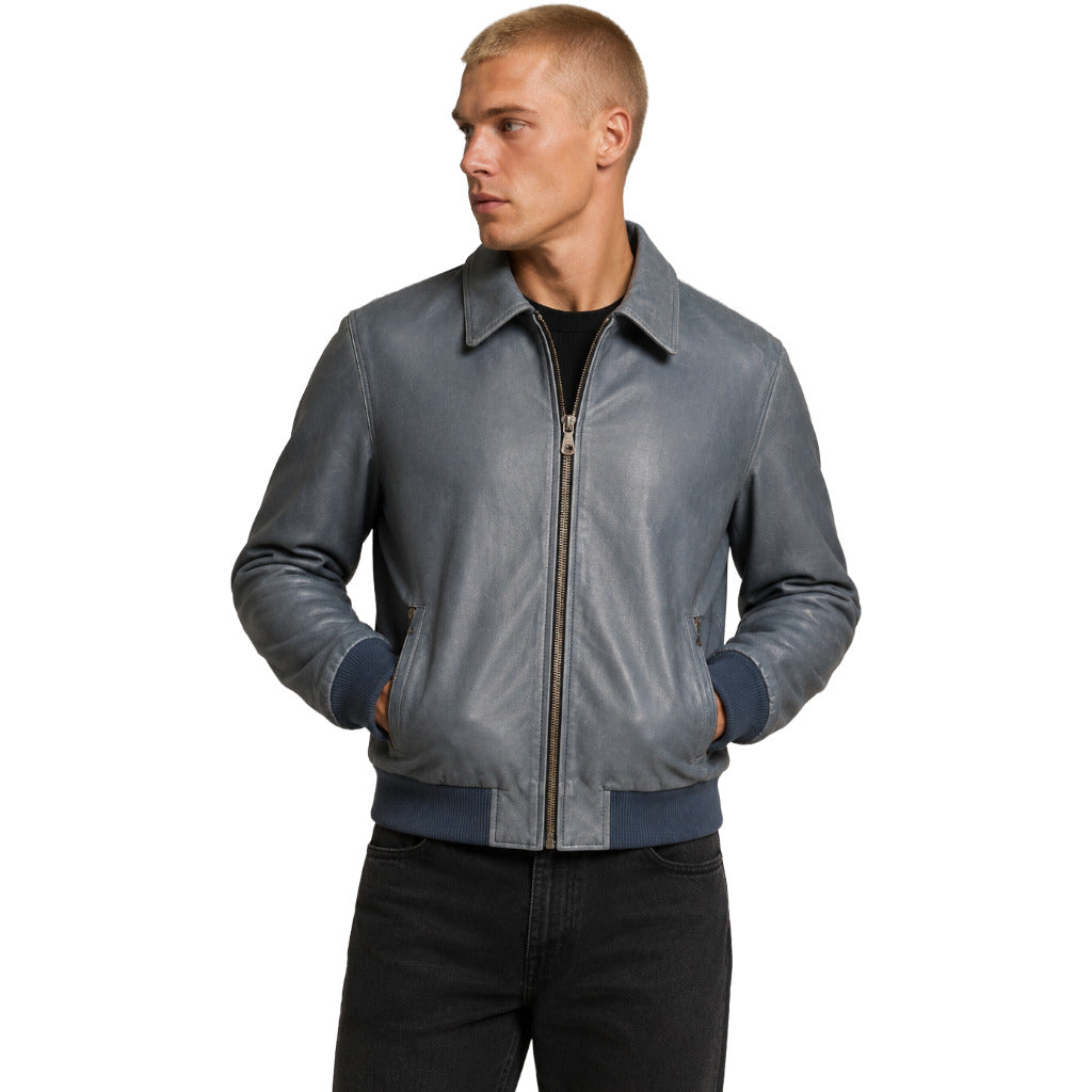 giacca in pelle azzurra