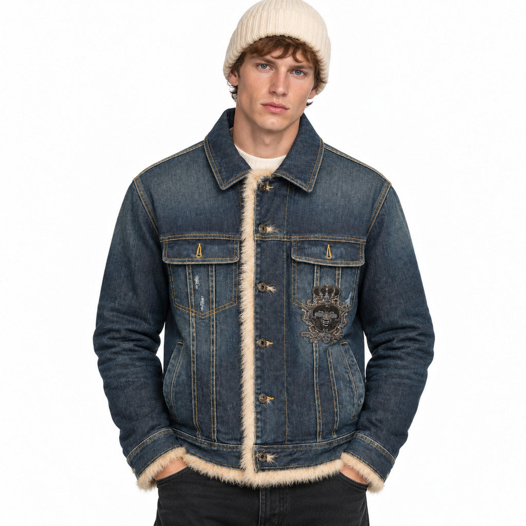 giacca in denim con pelliccia